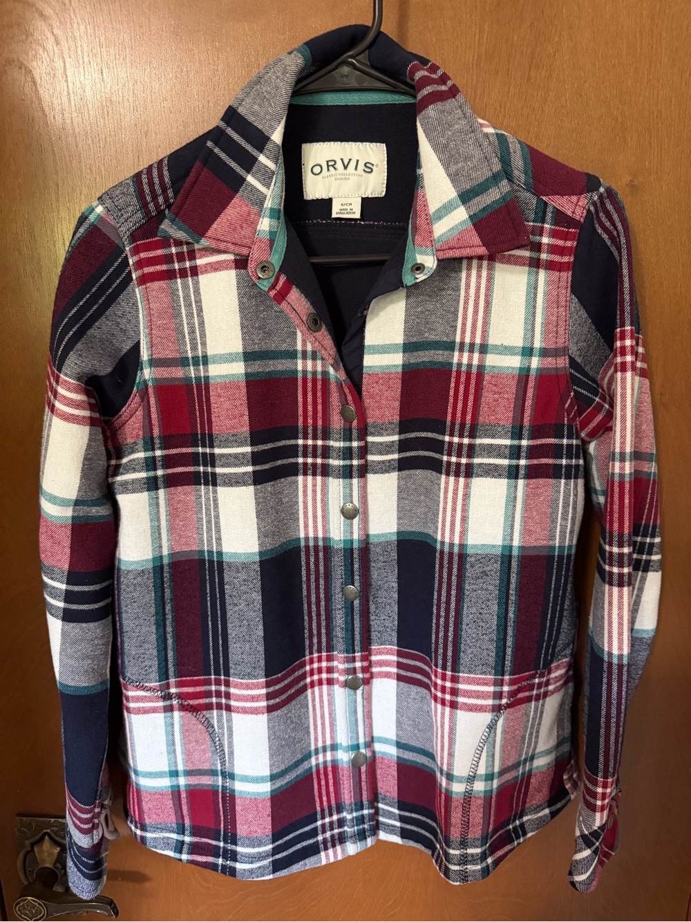Orvis Women's Burgundy Navy and Cream Plaid Button-Up Jacket